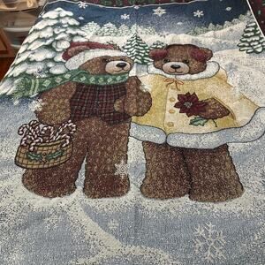Christmas Teddy Bears Blanket Throw Fringe 58x26" Holiday Winter Snow Home Decor